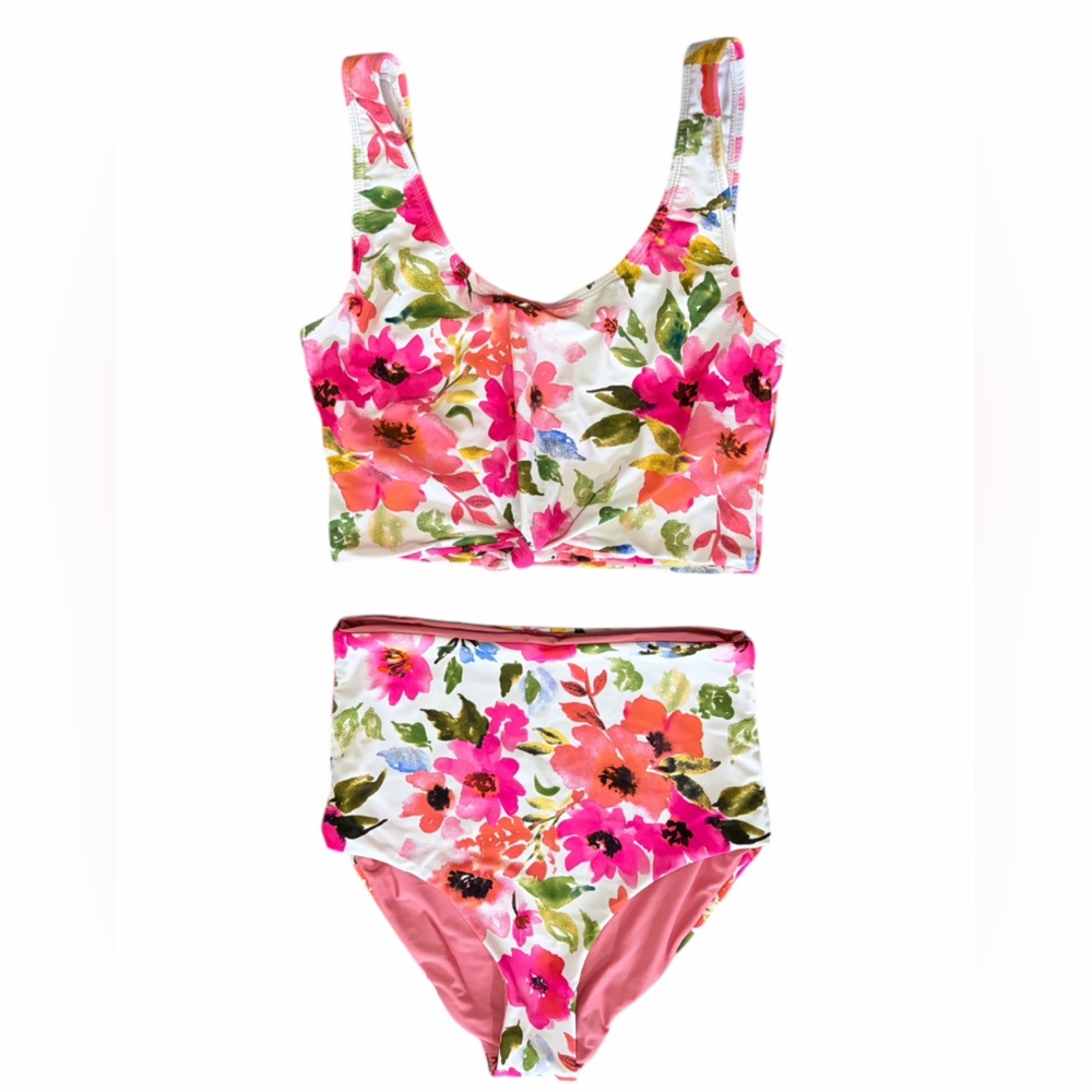 Coral Reef Floral Two Piece High Waisted Reversible Swim Suit